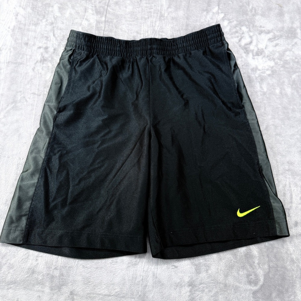 Nike Basketball Shorts Mens Medium Black Mesh Lime Green Swoosh‎ Athletic Gym